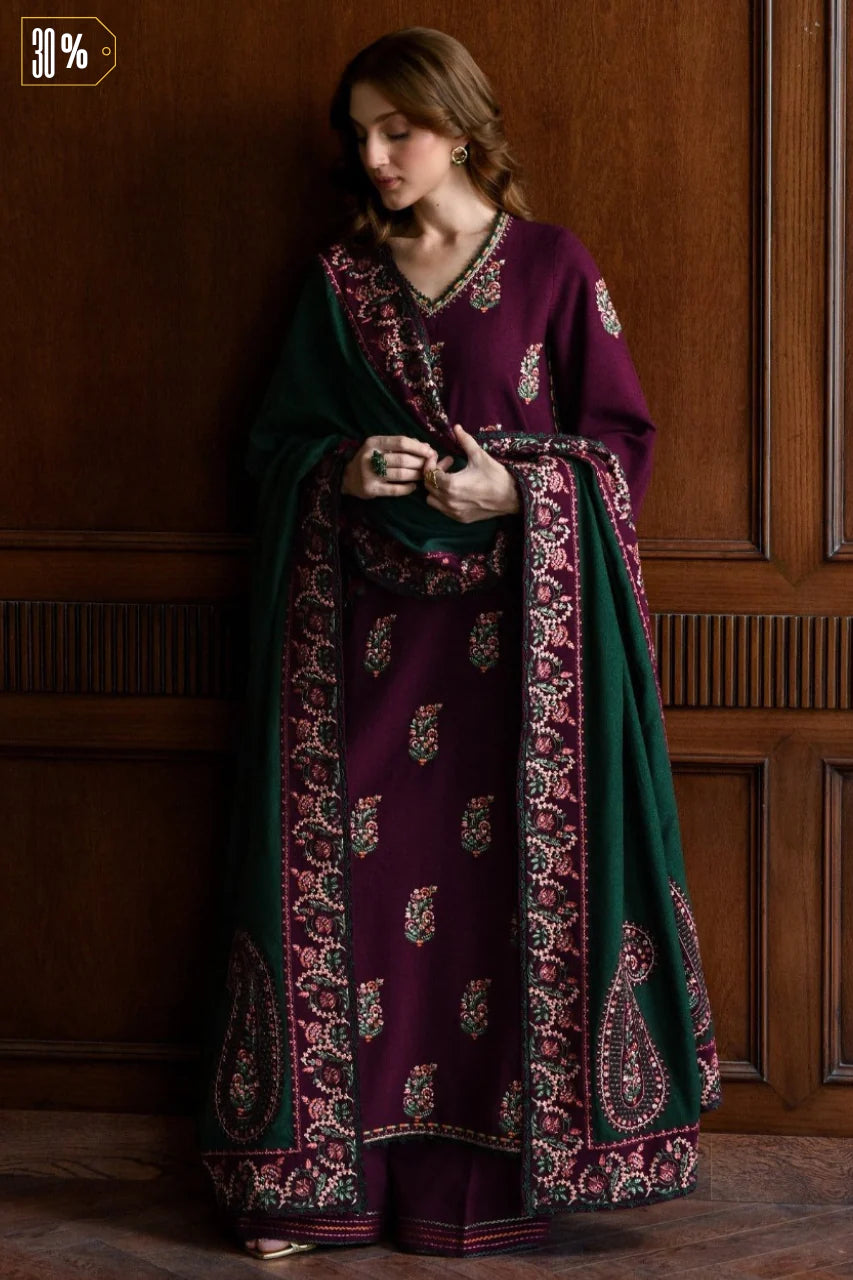 LZ1236 Winter BATIK-3PC DHANAK EMBROIDERED SHIRT WITH DHANAK EMBROIDERED SHAWL AND TROUSER-BIC- Regular price 5899