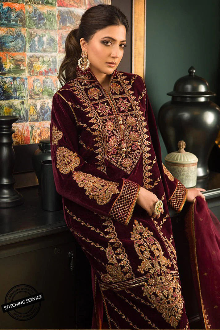 LZ0325-Winter Embroidered Velvet Dress With Organza embroidered Dupatta
