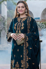 LZ402-WINTER Embroidered Velvet Three piece With Velvet Shawl Winter Collection