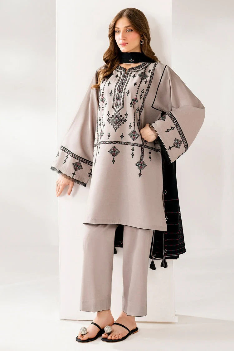LZ1237 Winter 3PC DHANAK EMBROIDERED SHIRT WITH DHANAK EMBROIDERED SHAWL AND TROUSER-BIC-