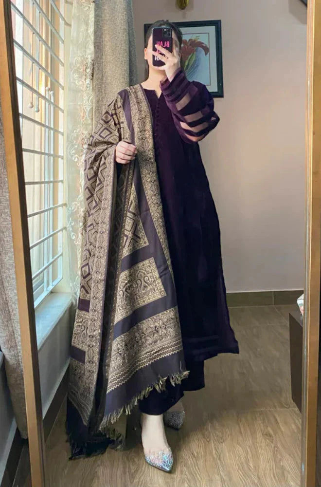 LZ1248 Unstitched Velvet Dress with Printed Dhanak Shawl