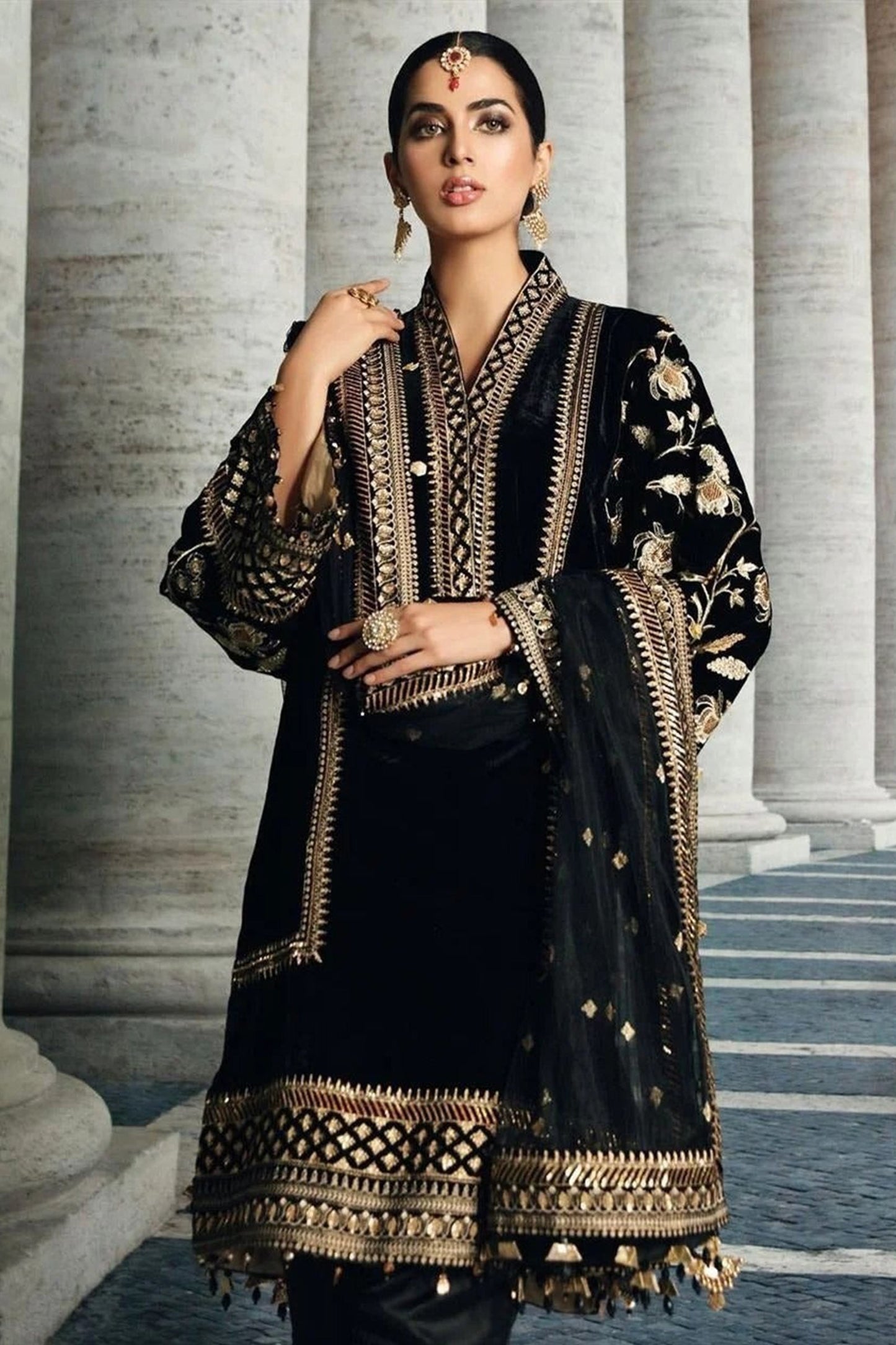 LZ0094 Anaya Velvet Embroidered Dress With Organza Embroidered Shawl Unstitched