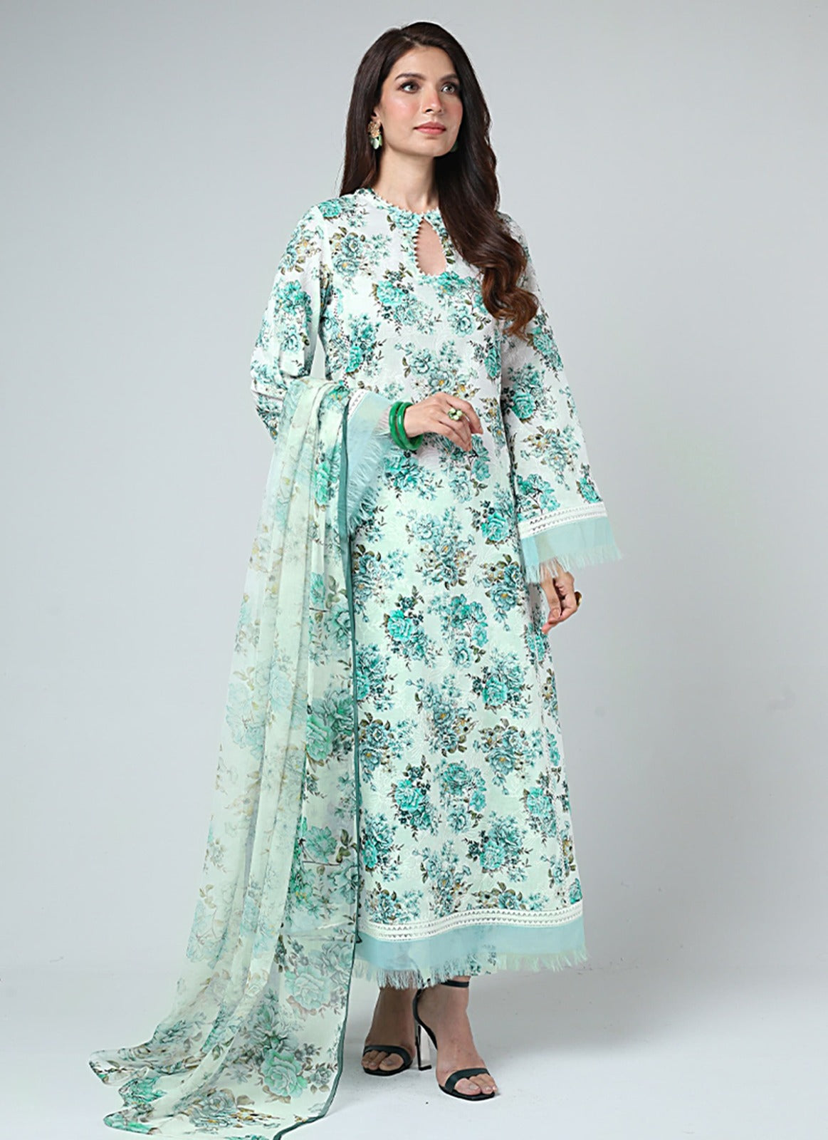 LZ0177-SUMMER 3PC Lawn Embroidered Shirt With Organza Embroidered Dupatta