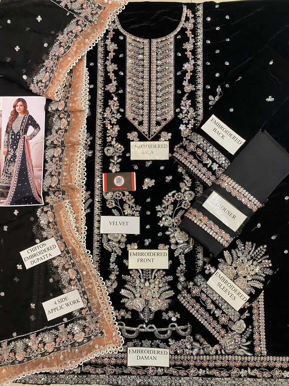 LZ0332-Fully Heavy Alternet Embroidered 9000 MICRON VELVET|CHIFFON|SILK COLOUR: BLACK