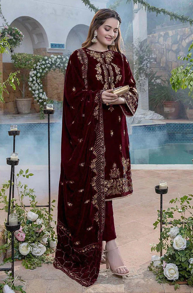 LZ401-WINTER Embroidered Velvet Three piece With Velvet Shawl Winter Collection